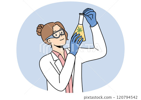 Woman laboratory assistant with cannabis oil in test tube and explores healing properties marijuana Woman laboratory assistant with cannabis oil in test tube and explores healing properties marijuana 120794542