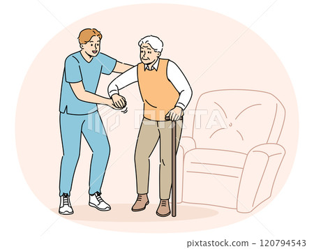 Medical worker helps sick pensioner get out of his chair and walk around room or go outside 120794543