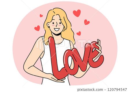 Woman demonstrates word love form of balloon, congratulating you on Valentine day or february 14th Woman demonstrates word love form of balloon, congratulating you on Valentine day or february 14th 120794547