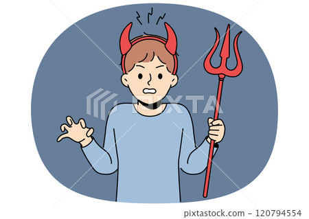 Little bully boy with devil horns makes evil grimace and terrorizes teachers at school 120794554