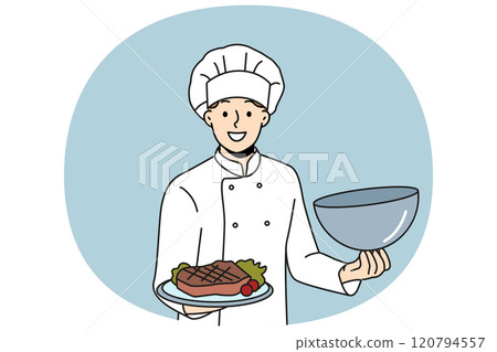 Man chef holds tray with beef steak and vegetables, inviting you to visit restaurant 120794557