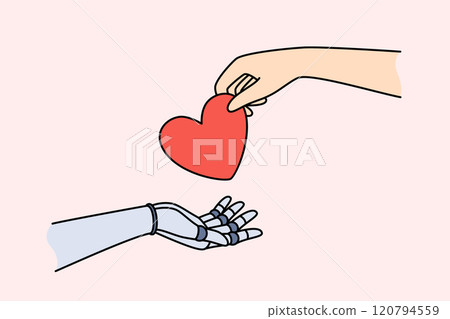 Collaboration of man and artificial intelligence is demonstrated by hands exchanging heart 120794559