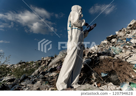 A worker dressed in protective clothing stands amid a large pile of waste, scanning the area under a blue sky filled with scattered clouds, emphasizing the issues of waste disposal 120794628