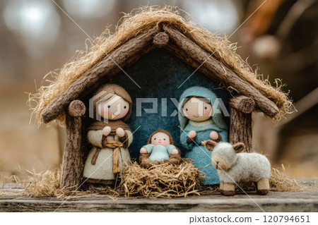 Christmas nativity scene Creche with Joseph Mary, Jesus and lamb 120794651