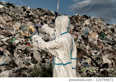 Man in bacteriological protective in a garbage. Open-air landfill. Plastic and polyethylene waste 120794671
