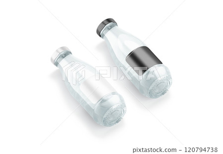 Blank transparent glass water bottle black and white label mockup 120794738