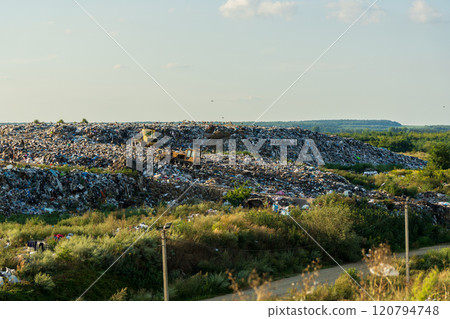 Garbage landfill. Problems with recycling and sorting garbage. Environment pollution Garbage landfill. Problems with recycling and sorting garbage. Environment pollution 120794748