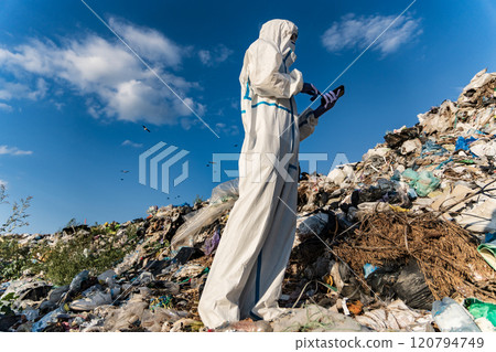 Man in bacteriological protective in a landfill. Landfill with household waste. Environment pollution 120794749