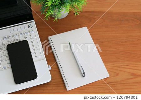 Desk work, smartphone and computer, synchronization, transfer Desk work, smartphone and computer, synchronization, transfer 120794801