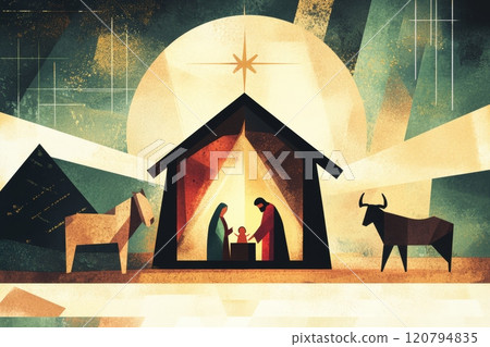 Christmas nativity scene Creche with Joseph Mary, Jesus and cow 120794835