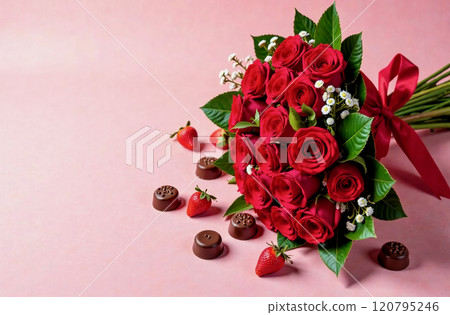 Banner with a bouquet of red roses tied with a red ribbon on the right with scattered strawberries and chocolate candies on a pink background with empty space for text on the left 120795246