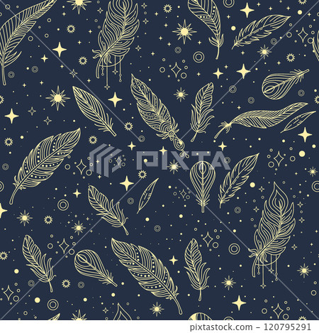 Linear stars and feathers seamless pattern vector 120795291