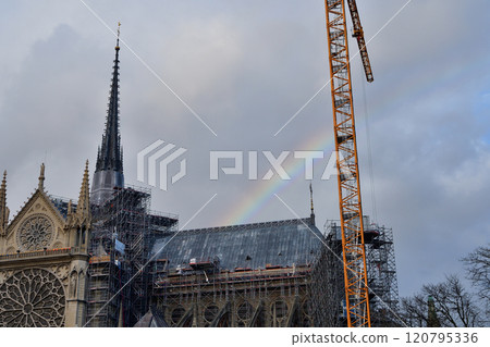 Paris, France. Notre Dame Cathedral and a rainbow as it nears reopening on December 2, 2024. Paris, France. Notre Dame Cathedral and a rainbow as it nears reopening on December 2, 2024. 120795336