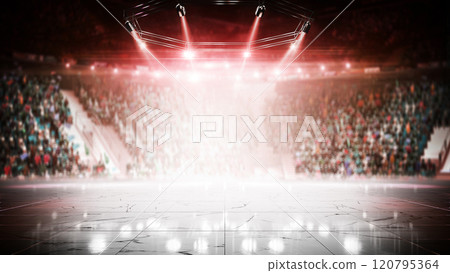 Red background. Stage podium with red smoke, people and spotlights. Theatre show. Award ceremony concept. Red abstract background 120795364