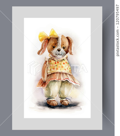 Toy dog made of plush material is dressed in woman dress on wall art. Watercolor artwork 120795497
