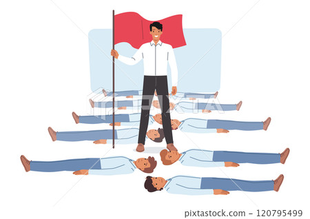Businessman crushed competitors and holds red flag standing over exposed bodies of colleagues 120795499