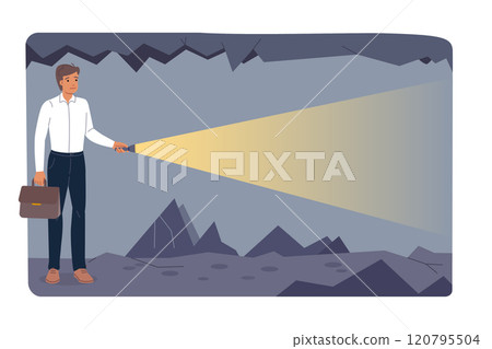 Brave business man finds way in dark and uses flashlight to search for new career opportunities 120795504