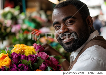 Friendly florist smiling with vibrant bouquet of flowers in a bustling market setting 120795602