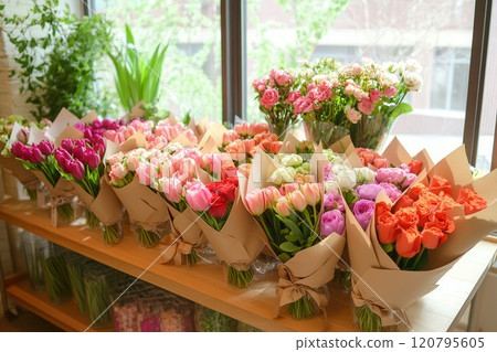 Bouquet of pink, white, and purple tulips artistically arranged and wrapped in kraft paper in a flower shop Bouquet of pink, white, and purple tulips artistically arranged and wrapped in kraft paper in a flower shop 120795605