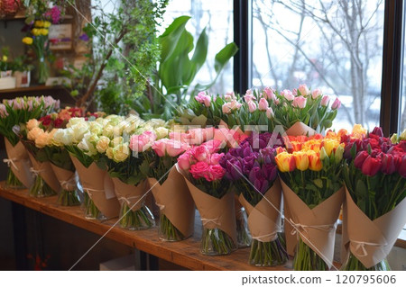 Flower shop with arrangements of tulips and roses in vases placed along large windows and shelves 120795606