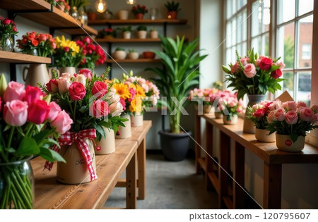 Elegant floral shop with wooden tables showcasing numerous colorful rose and tulip bouquets in paper wraps Elegant floral shop with wooden tables showcasing numerous colorful rose and tulip bouquets in paper wraps 120795607
