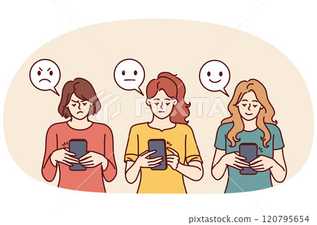 Women with phones near emoji with different facial expressions for internet feedback concept Women with phones near emoji with different facial expressions for internet feedback concept 120795654