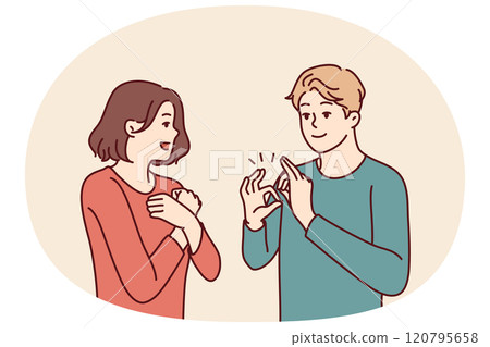 Deaf-mute man and woman are talking using sign language and demonstrating symbols with hands Deaf-mute man and woman are talking using sign language and demonstrating symbols with hands 120795658