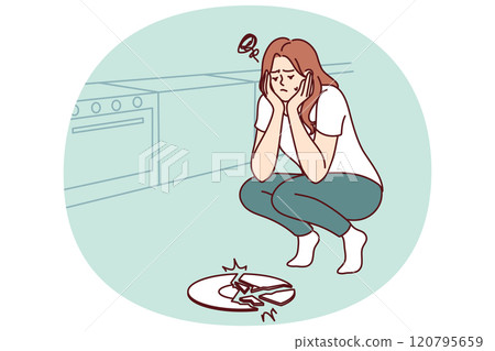 Sad woman broke plate in kitchen and is sad because of favorite saucer given by friends 120795659