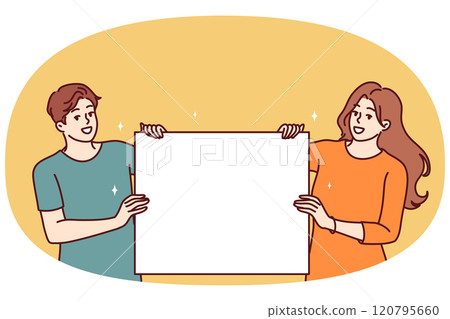 Happy couple with blank poster with copy space for your promotional offer or company logo 120795660