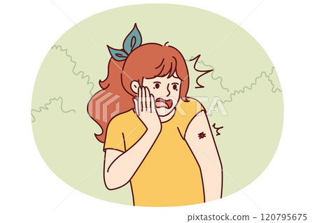 Frightened teenage girl with tick crawling on arm screams for fear contracting infection 120795675