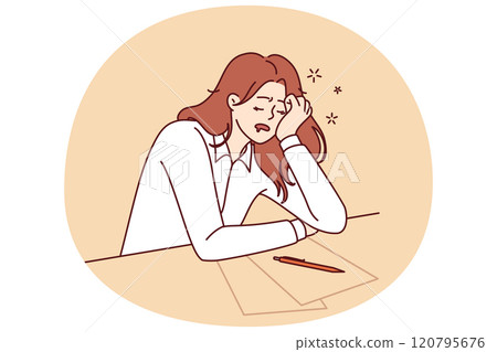 Tired girl student sleeps sitting at table with papers while preparing for exams 120795676