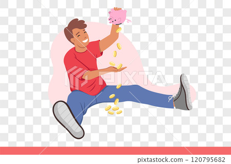 Happy man shakes out money and piggy banks and rejoices at presence of financial savings 120795682