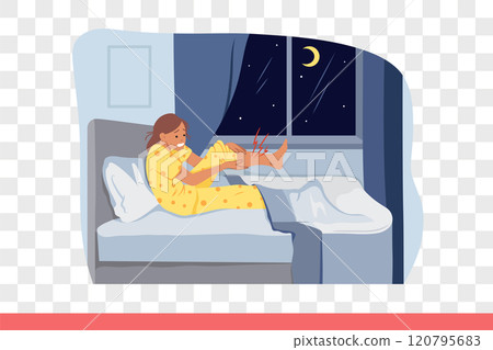 Cramp in leg woke up girl sitting in bed near window with starry sky, and holding onto sore spot 120795683