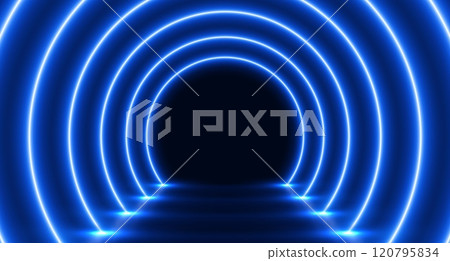 Neon glowing arch tunnel, futuristic room with led corridor, modern background. 120795834