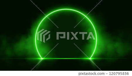 Neon arch with smoke, green glowing portal, futuristic circle gate, magic stage with vapor. 120795836