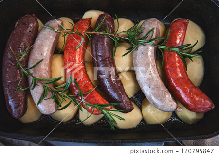 Close-up of bowl with raw homemade blood sausage, pork sausage and chorizo in oven with potatoes. homemade traditional food Close-up of bowl with raw homemade blood sausage, pork sausage and chorizo in oven with potatoes. homemade traditional food 120795847