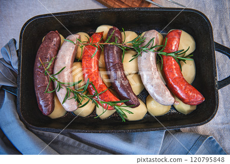 Close-up of bowl with raw homemade blood sausage, pork sausage and chorizo in oven with potatoes. homemade traditional food Close-up of bowl with raw homemade blood sausage, pork sausage and chorizo in oven with potatoes. homemade traditional food 120795848