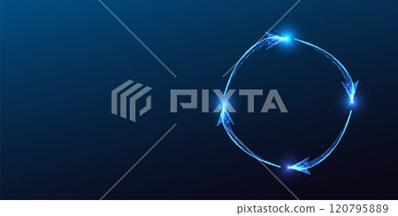 Circular flow concept with glowing digital arrows forming a seamless loop on dark blue background.  120795889
