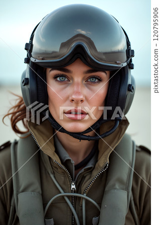 Female pilot preparing for flight in military gear on a desert landscape under a clear sky 120795906
