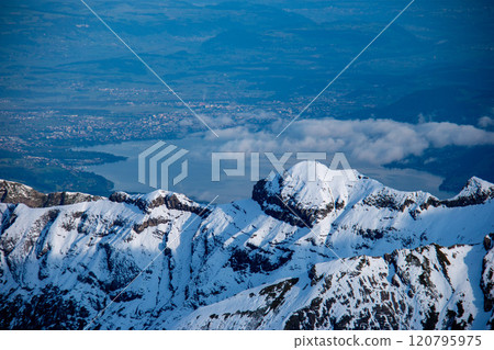 Spectacular view from Schilthorn, Lake Thun and the city of Thun, Murren, Lauterbrunnen, Switzerland 120795975