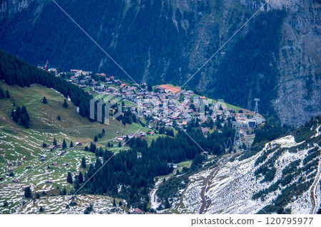 View of the village of Mürren from Birk, Lauterbrunnen, Switzerland View of the village of Mürren from Birk, Lauterbrunnen, Switzerland 120795977