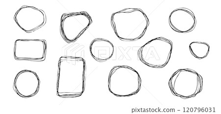 Set of abstract hand drawn black vector wavy line wreath frames. Collection of round, square and oval shapes ink strokes drawing borders, clouds for speech texts, advertisement, decor element 120796031