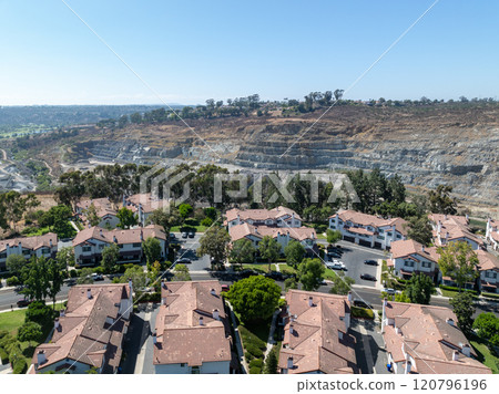 Aerial view of residential subdivision house neighborhood in Mission Mesa. South California, USA Aerial view of residential subdivision house neighborhood in Mission Mesa. South California, USA 120796196