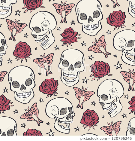 Seamless pattern with hand drawn inky floral skulls surrounded by luna moths and roses 120796246