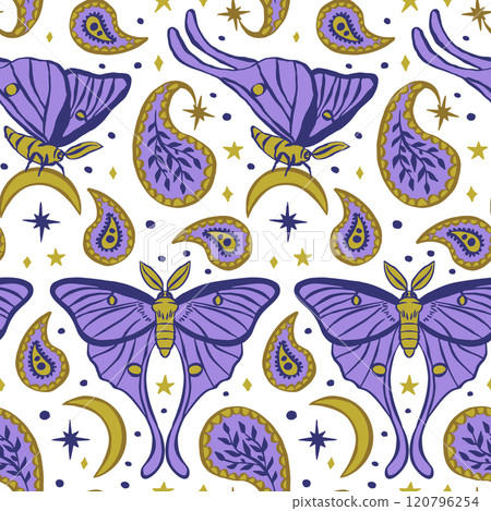 Purple and golden seamless pattern with celestial luna moth and paisley motif Purple and golden seamless pattern with celestial luna moth and paisley motif 120796254