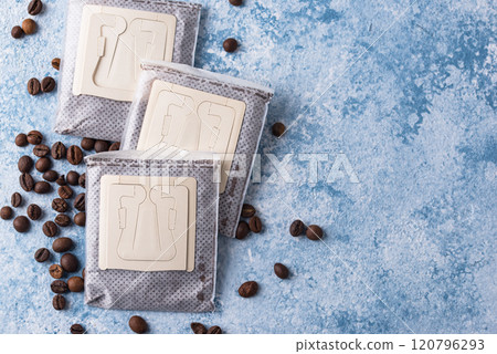 Close-up of drip coffee paper bag Close-up of drip coffee paper bag 120796293