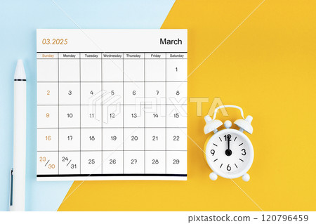 March 2025 Monthly calendar for 2025 year with pen on yellow and blue background. March 2025 Monthly calendar for 2025 year with pen on yellow and blue background. 120796459