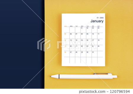 January 2025 calendar card for 2025 year on blue and yellow background. January 2025 calendar card for 2025 year on blue and yellow background. 120796594