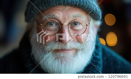 Portrait of smiling elderly man with glasses and knitted hat indoors. Generative AI Portrait of smiling elderly man with glasses and knitted hat indoors. Generative AI 120796691