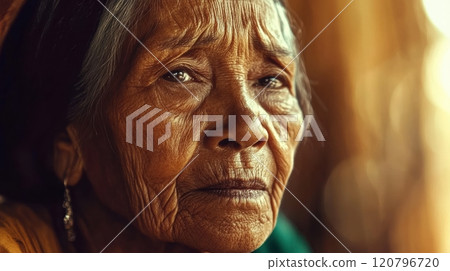 Captivating portrait of an elderly woman showcasing deep wisdom and experience. Generative AI Captivating portrait of an elderly woman showcasing deep wisdom and experience. Generative AI 120796720